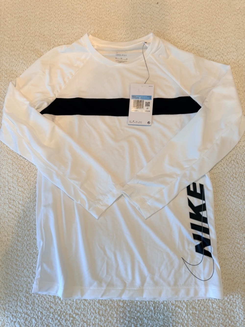 Nike White Long-Sleeve Athletic Tee with Black Stripe and Logo